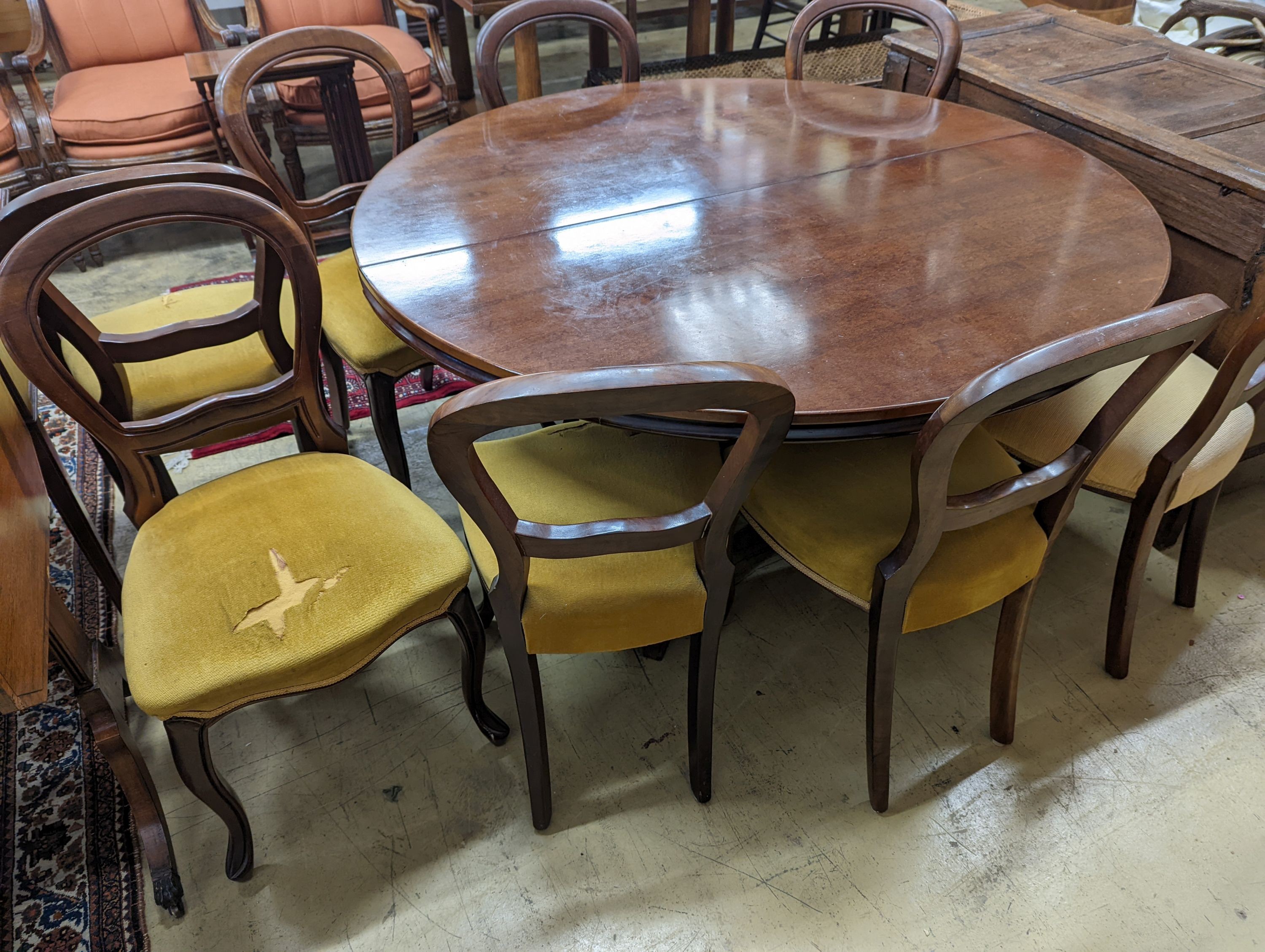 A set of eight 19th century South African mahogany dining chairs and a mahogany extending dining table, 130cm diameter, height 74cm